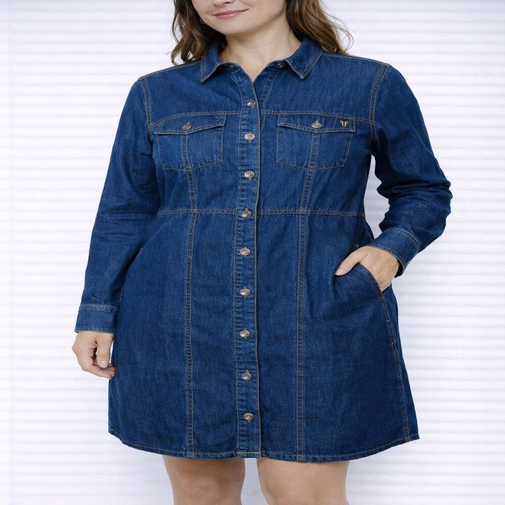 FRYE Denim Shirt Dress XXL Button Front‎ Long Sleeve Blue Jean Western